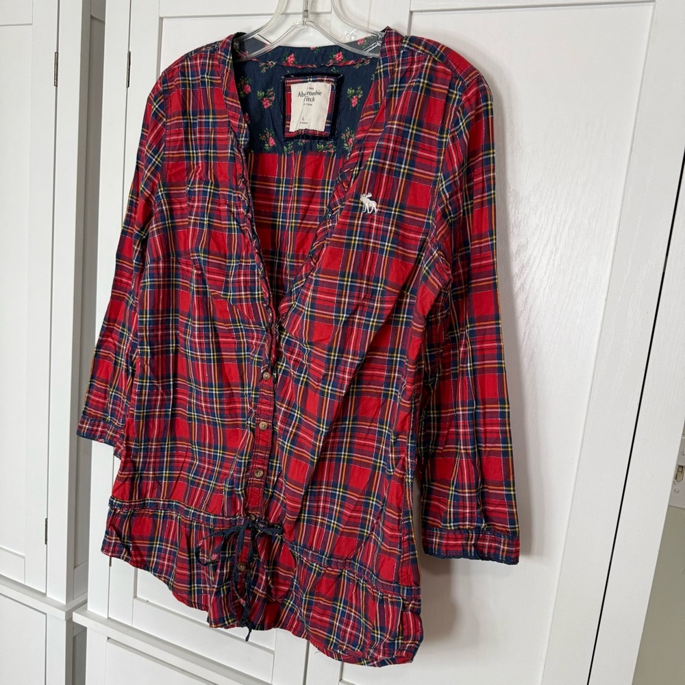 A&F Y2K Plaid Ruffle Tunic Top Red Peplum Button Front Womens Large Mall Brand - Picture 2 of 8